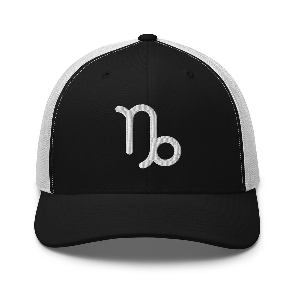Capricorn Zodiac Embroidered Curved Bill Trucker Hat - Black/White Color - https://ascensionemporium.net